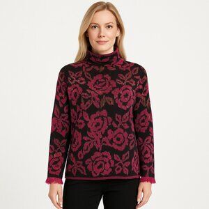 NWT Napa Valley Floral Jacquard Mock Neck Sweater Black Pink Metallic Size M